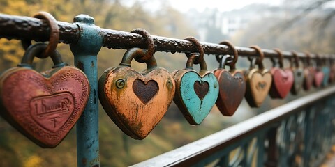 Heart-shaped locks adorn a bridge