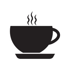 a bold black vector illustration of a hot coffee cup on white background