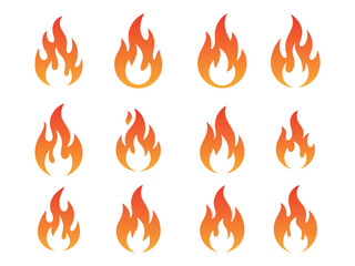 Collection of fire flame flat icon vector isolated on white background. Heat, burn, hot, bonfire, burning, warm, campfire, fireball, danger symbol