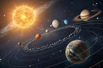 Solar system showing planets orbiting a bright sun illustration Ai generate.