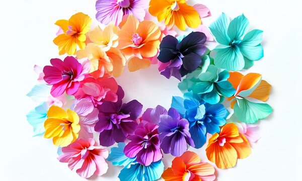 Colorful hydrangea petals arranged in a rainbow gradient frame a blank white space in the center.