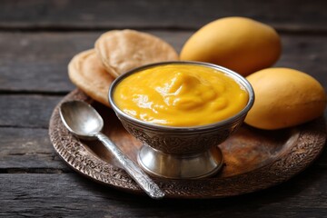 Traditional Indian Festival Food – Aamras with Puri Served on Banana Leaf or Steel Plate