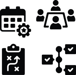 Business Icon Collection: Featuring various business and productivity icons representing scheduling, meetings, strategies, and workflow processes.