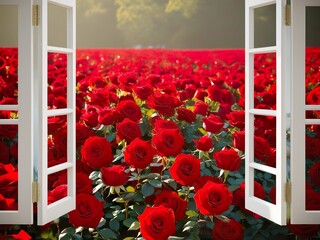 View of a huge number, a million scarlet roses from the window, feelings and romance