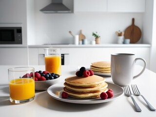 Delicious breakfast on a white table, pancakes with berries, fresh juice and coffee, wonderful family morning - obrazy, fototapety, plakaty