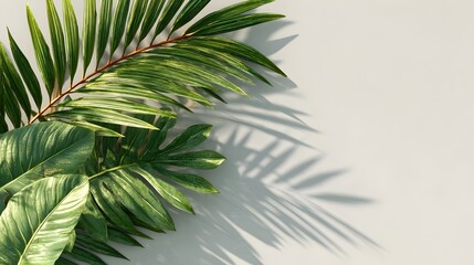 Lush green tropical palm leaves and monstera plant cast shadows on a light gray background creating a vibrant summery scene perfect for design