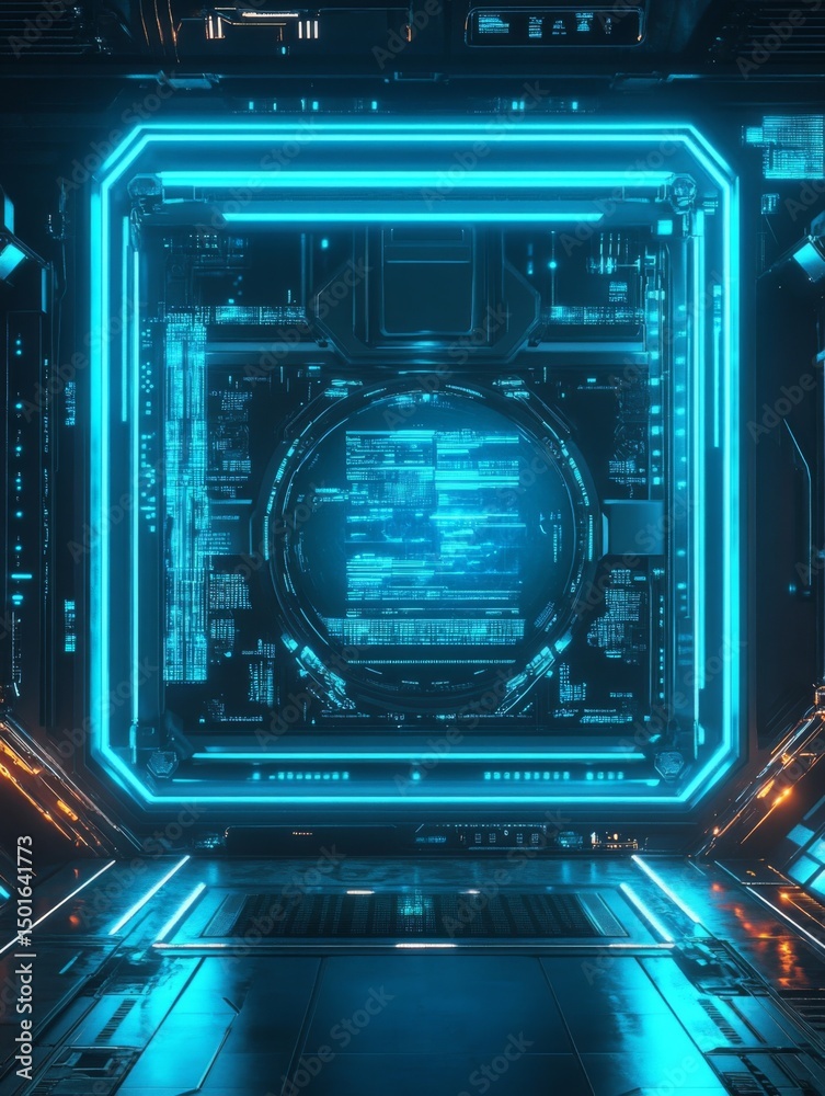 Aufkleber Digital tech-themed frame with futuristic HUD interface elements, glowing blue neon borders, cyberpunk background with center for UI display