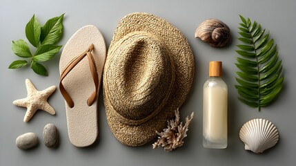 A stylish summer vacation flat lay features flip flops, sun hat, lotion, s, starfish, and green leaves on a gray background.