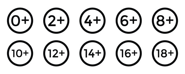Age Restriction Icon Set &ndash; Vector Signs from 0+ to 21+ for Kids, Teens, and Adult Content Warning Labels.