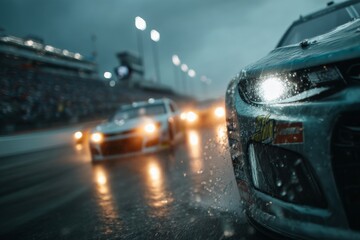 Modern NASCAR race under rain conditions with stock cars drifting on wet tarmac