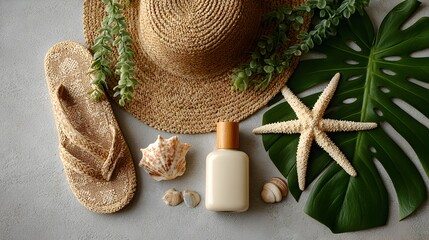 A stylish summer vacation arrangement features a straw hat, flip-flops, sunscreen lotion, seas, and tropical leaves on a gray background.