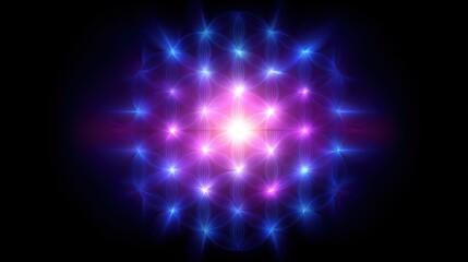 Fototapeta premium Glowing Flower of Life sacred geometry on deep blue background with mystical light and vibrant energy
