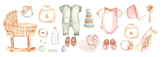 Newborn Baby set for boy and girl. Cradle, Toys and cute Infant accessories, metrics, Mother and Baby Hands and Feet in pastel colors. Watercolor hand drawn illustration in eco style. For invitations