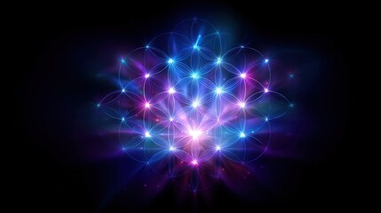 Fototapeta premium Glowing Flower of Life sacred geometry on deep blue background with mystical light and vibrant energy