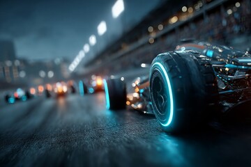 Futuristic f1 race with sleek electric stock cars racing in a desert arena