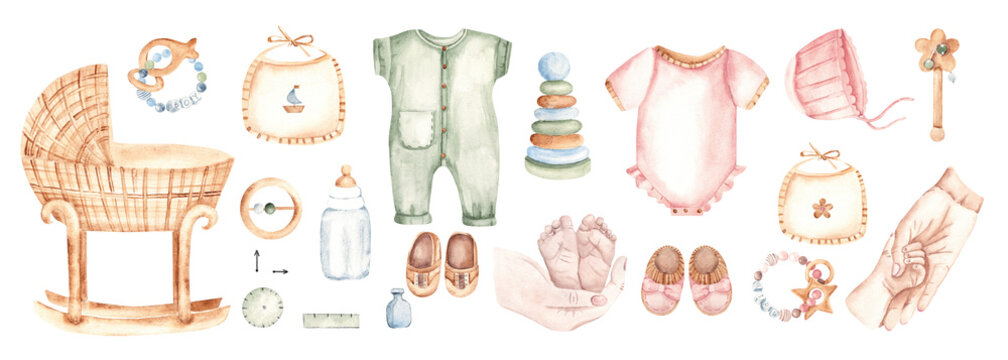 Newborn Baby set for boy and girl. Cradle, Toys and cute Infant accessories, metrics, Mother and Baby Hands and Feet in pastel colors. Watercolor hand drawn illustration in eco style. For invitations - Powered by Adobe