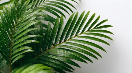 Lush green palm fronds with water droplets glistening on their surface against a clean white background ideal for various design projects.