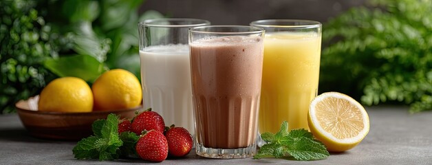 Vibrant boba tea glasses with colorful pearls and fresh fruits showcasing natural light against a soft background for creative purposes