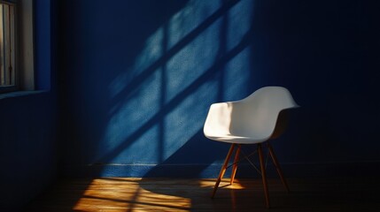 White chair in sunlit blue room