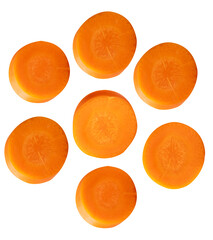 Top view set of beautiful orange carrot slices in set in circle shape isolated with clipping path in png file format