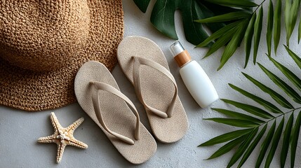 Beige flip flops and straw hat rest near sunscreen and tropical leaves on a gray background perfect for summer vacation travel.