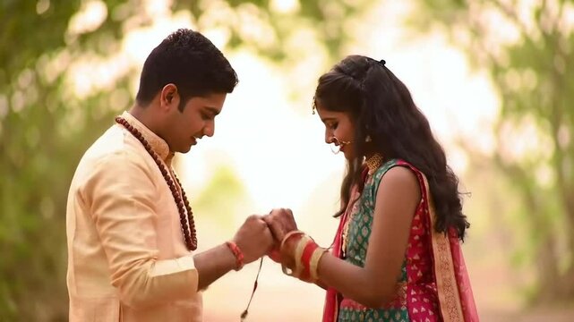 Couple celebrating raksha bandhan festival with rakhi tied on wrist with traditional dress
