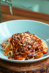 Pasta Spaghetti Carbonara Bolognese italian food at restaurant lunch in the afternoon