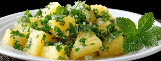 Deliciously sliced pineapple arranged on a plate with an elegant presentation against a soft background showcasing culinary artistry