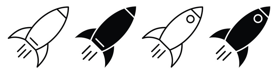 Fototapeta premium Rocket Launch Icon Set – Vector Silhouettes and Outline Style Space Shuttle Illustrations.