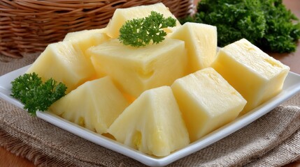 Deliciously sliced pineapple arranged on a plate with an elegant presentation against a soft background showcasing culinary artistry