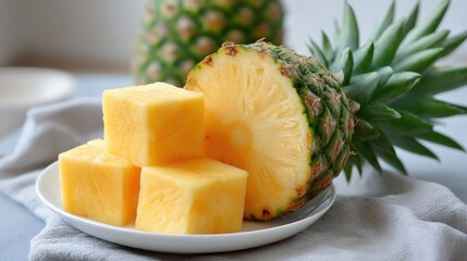 Deliciously sliced pineapple arranged on a plate with an elegant presentation against a soft background showcasing culinary artistry