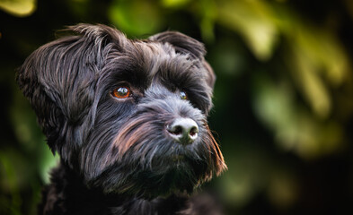 An Portrait of a Black Yorkshire Terrier, Against a Beautiful and Lush Green Background for a Stunning Contrast