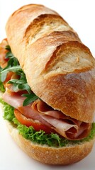 Freshly made French baguette sandwich filled with ham, lettuce, and tomato set against a clean background with studio lighting for an appetizing look