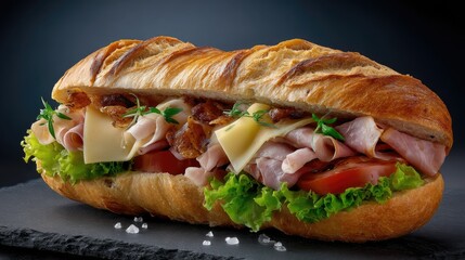 Freshly made French baguette sandwich filled with ham, lettuce, and tomato set against a clean background with studio lighting for an appetizing look