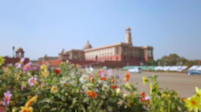 Bokeh view of Rashtrapati Bhavan in New Delhi, India. Blurred background footage.