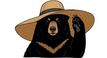 A friendly bear wearing a wide-brimmed straw hat waves hello against a simple white background, evoking a playful vibe - drawing bear