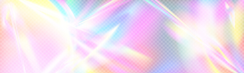 Shiny diamond prism light flare with rainbow glow. Iridescent crystal effect, sparkles and lens refraction on holographic background. Abstract vector overlay for glamour, fantasy or cosmic themes.