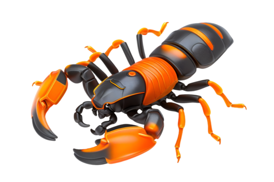 Isolated robotic scorpion toy black and orange insect model for kids science fiction toy insect robot art in transparent background