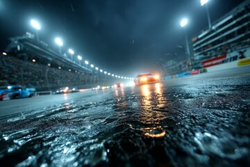 NASCAR night race under floodlights showcasing glowing asphalt and focused cars