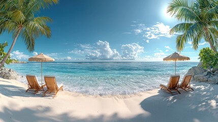Fototapeta premium Tranquil Beach Paradise, Two Lounge Chairs Under Palm Trees, Azure Ocean and White Sand