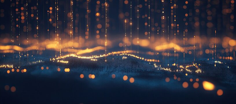 Abstract digital landscape with golden light streams