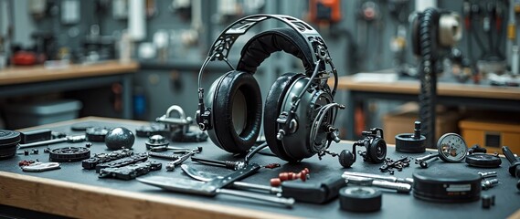 Fototapeta premium High-Quality Headphones and Audio Equipment on Workshop Table