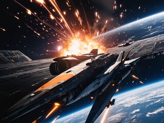 Futuristic Spaceship Engaging in Battle Amidst Explosions in Space
