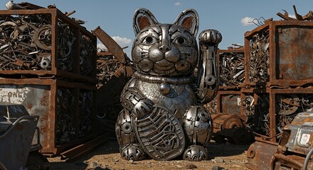 Metal Maneki Neko sculpture made from recycled scraps in scrapyard under sunlight  