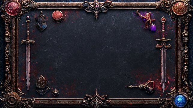 Fantasy RPG game interface frame border, magical scrolls, swords, potions, and quest icons surrounding dark fantasy background, central space for game UI