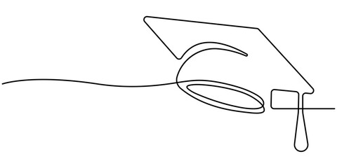 Continuous one line art drawing of graduation hat design vector illustration. university graduation sign isolated white background. Editable stroke.