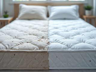 Contrast of Clean and Dirty Mattress in Bedroom Setting with Plants