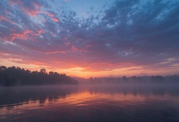 Obraz premium Serene River Sunset with Colorful Sky and Mist