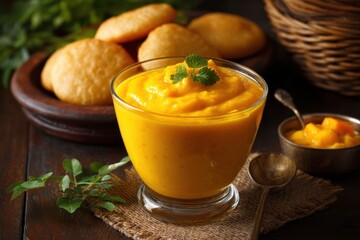 Fresh homemade mango Aamras in bowl with golden fried puri on the side – a seasonal Indian sweet enjoyed for lunch or dinner in traditional thalis