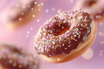 A chocolate donut with pink and blue sprinkles